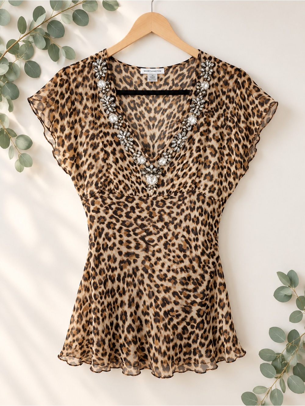 WD.NY 100% Silk Leopard Print V-Neck Jeweled Blouse - Tan/Brown/Black